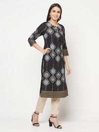 Thumbnail for Aniyah Rayon Screen Print Black Straight Kurta