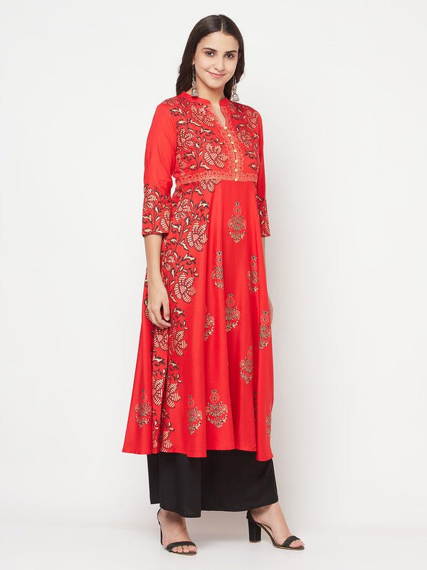 Aniyah Rayon Block Print Red Anarkali Kurta