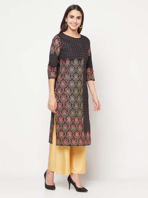 Aniyah Black Color Cotton Block Print Straight Kurta