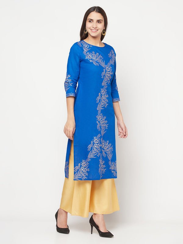 Aniyah Cotton Foil Print Royal Blue Straight Kurta