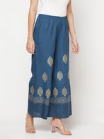 Thumbnail for Aniyah Rayon Block Print Flared Slip-on Blue Palazzo
