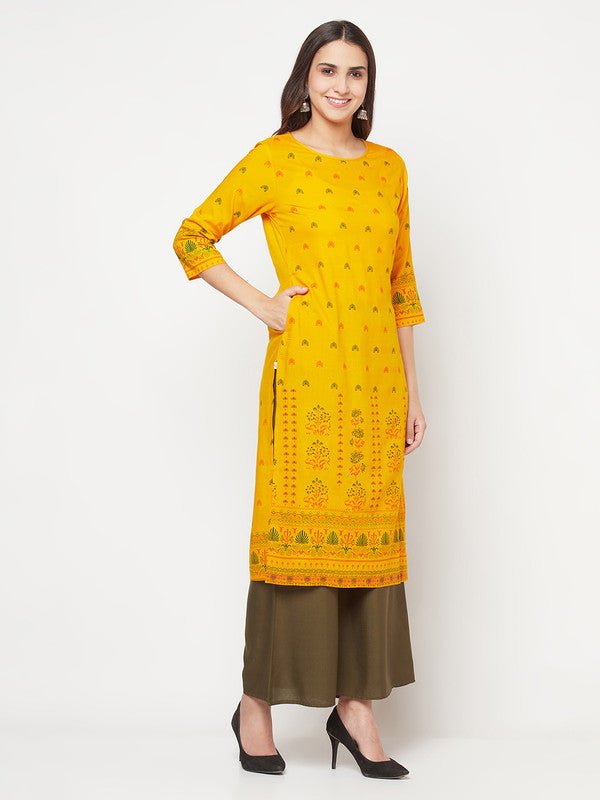 Aniyah Rayon Screen Print Mustard Straight Kurta