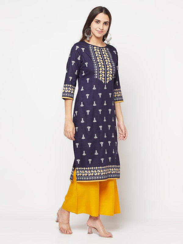 Aniyah Rayon Screen Print Navy Blue Straight Kurta