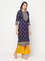 Thumbnail for Aniyah Rayon Screen Print Navy Blue Straight Kurta