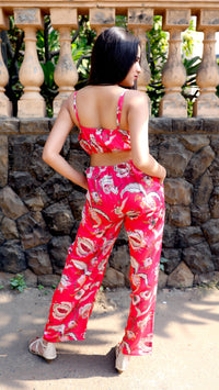Thumbnail for Noroke Red Floral Print Linen Red Floral Cut-out Jumpsuit
