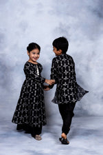 Thumbnail for Ahalyaa Boys Black Chanderi Gold Printed Kids Kurta Churidar Set - Distacart