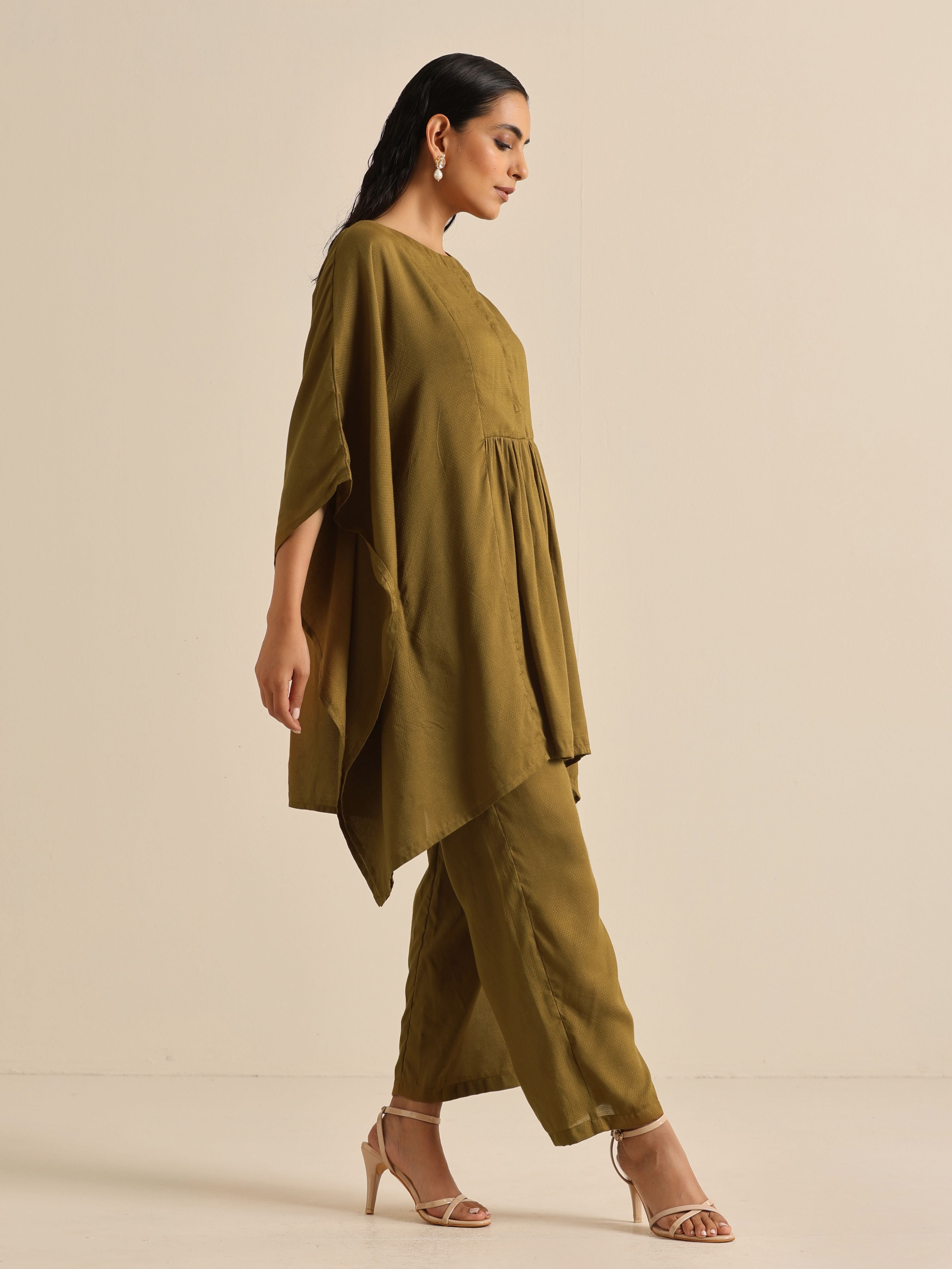 trueBrowns Olive Green Texture Doddy Kaftan Gathered Co-Ord Set - Distacart