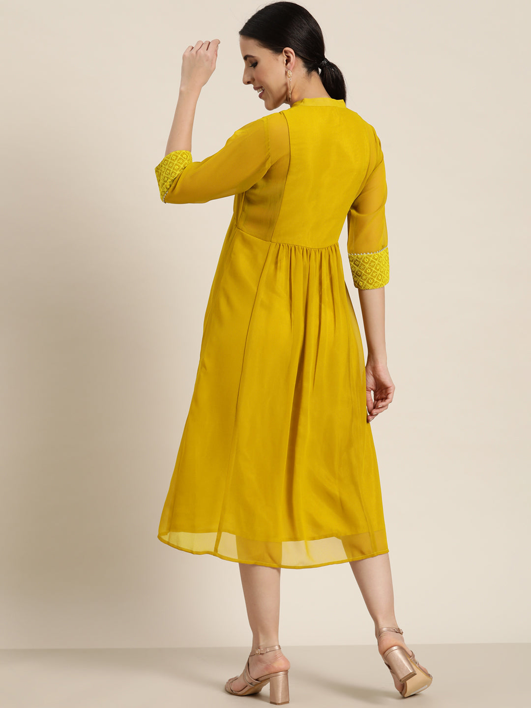 Juniper Mustard Georgette Lacy Midi Dress With Yoke Embroidery & Show Buttons - Distacart
