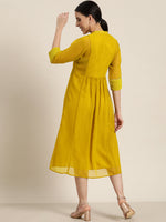 Thumbnail for Juniper Mustard Georgette Lacy Midi Dress With Yoke Embroidery & Show Buttons - Distacart