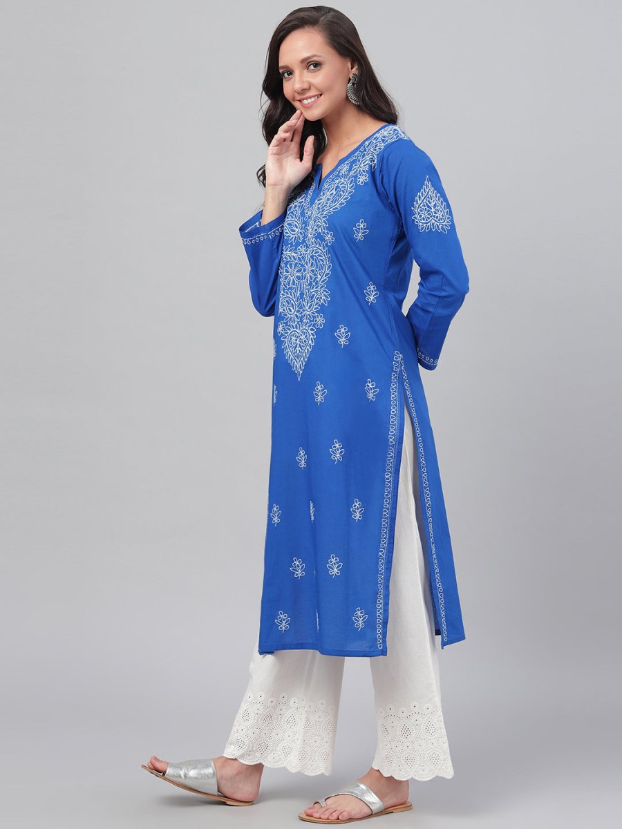 ADA Women Blue & White Chikankari Hand-Embroidered Straight Sustainable Handloom Kurta - Distacart