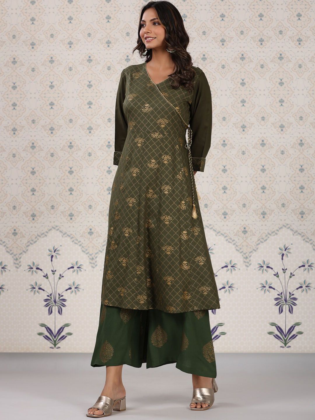 Ode by House of Pataudi Olive Green & Gold Printed V Neck Angrakha Kurta With Palazzos