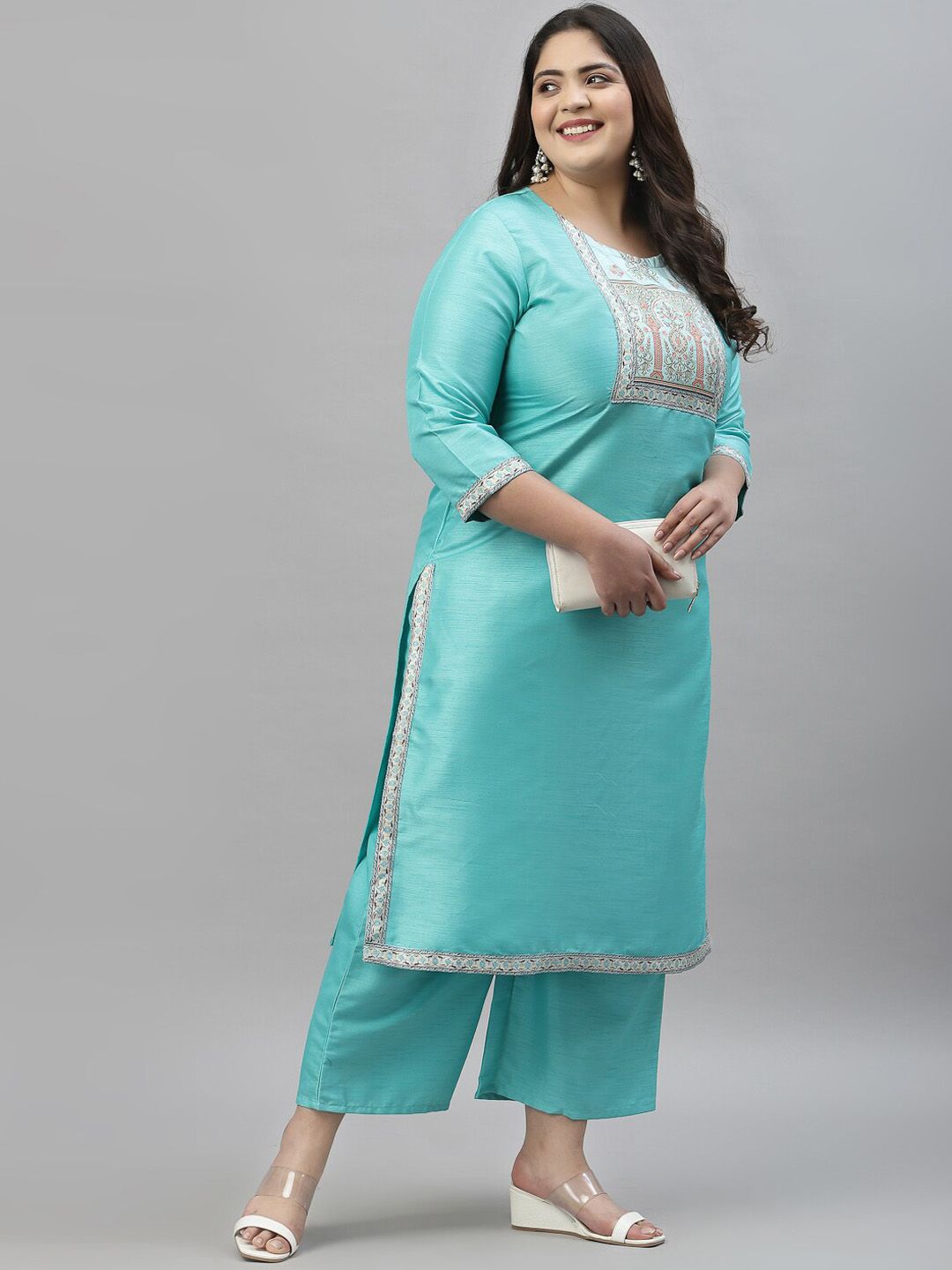 Sztori Plus Size Floral Printed Round Neck Straight Kurta with Palazzos - Distacart