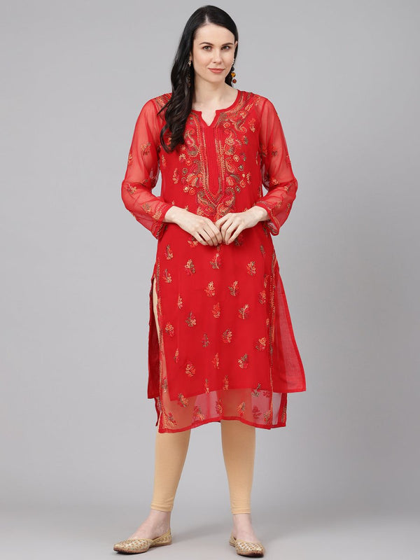 ADA Women Red & Yellow Sheer Chikankari Embroidered Straight Sustainable Handloom Kurta with Inner - Distacart