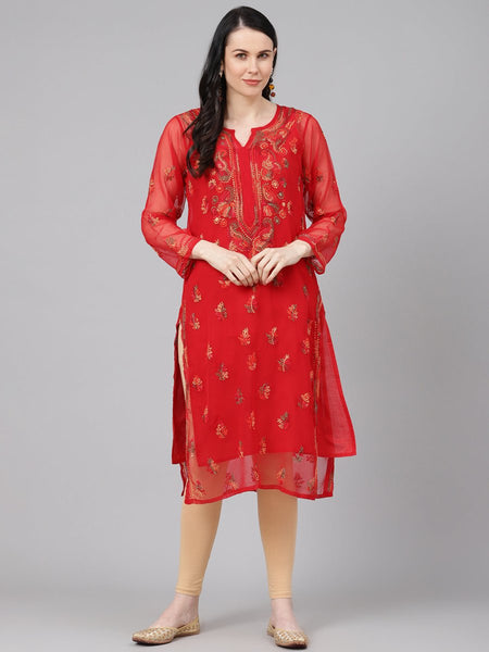 ADA Women Red & Yellow Sheer Chikankari Embroidered Straight Sustainable Handloom Kurta with Inner - Distacart