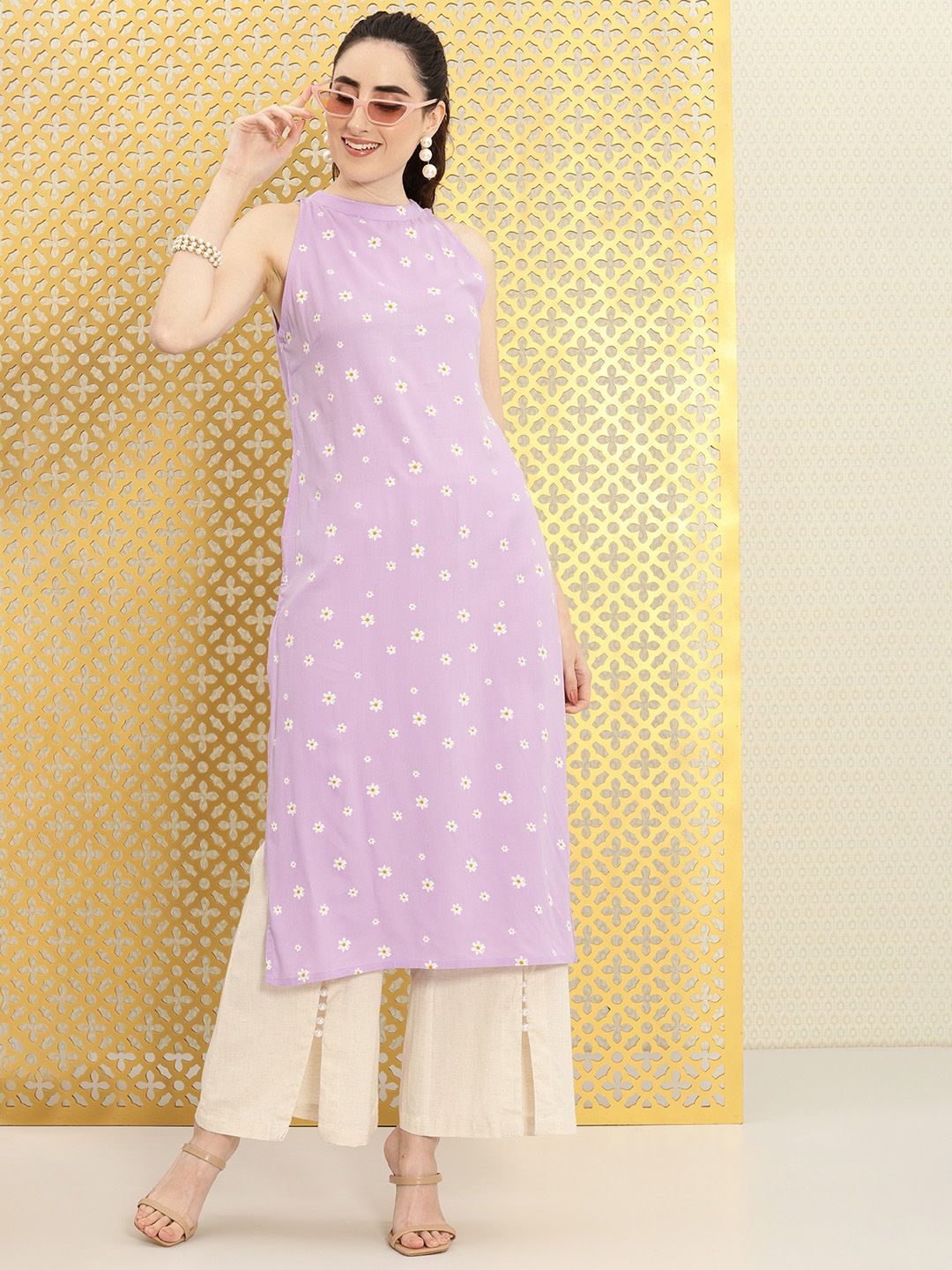 Ode by House of Pataudi Women Lavender & White Floral Printed Rozana Kurta - Distacart