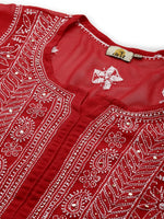 Thumbnail for ADA Women Red & White Hand Embroidered Chikankari Sustainable Handloom Kurta With Matching Slip - Distacart