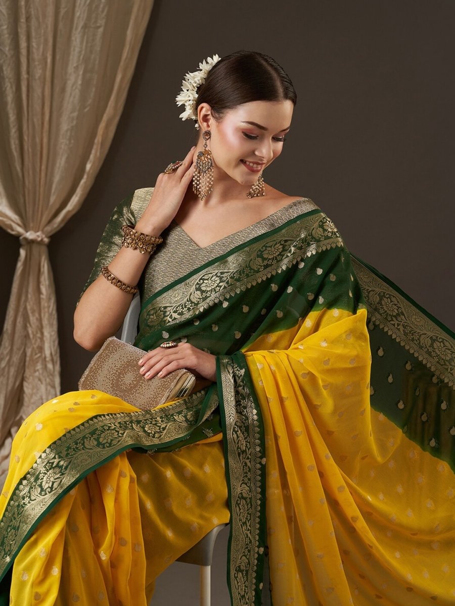 Anouk Yellow & Green Woven Design Zari Pure Georgette Kanjeevaram Saree - Distacart