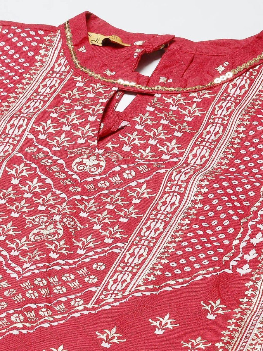 AURELIA Women Red & Golden Ethnic Motifs A-Line Midi Ethnic Dress