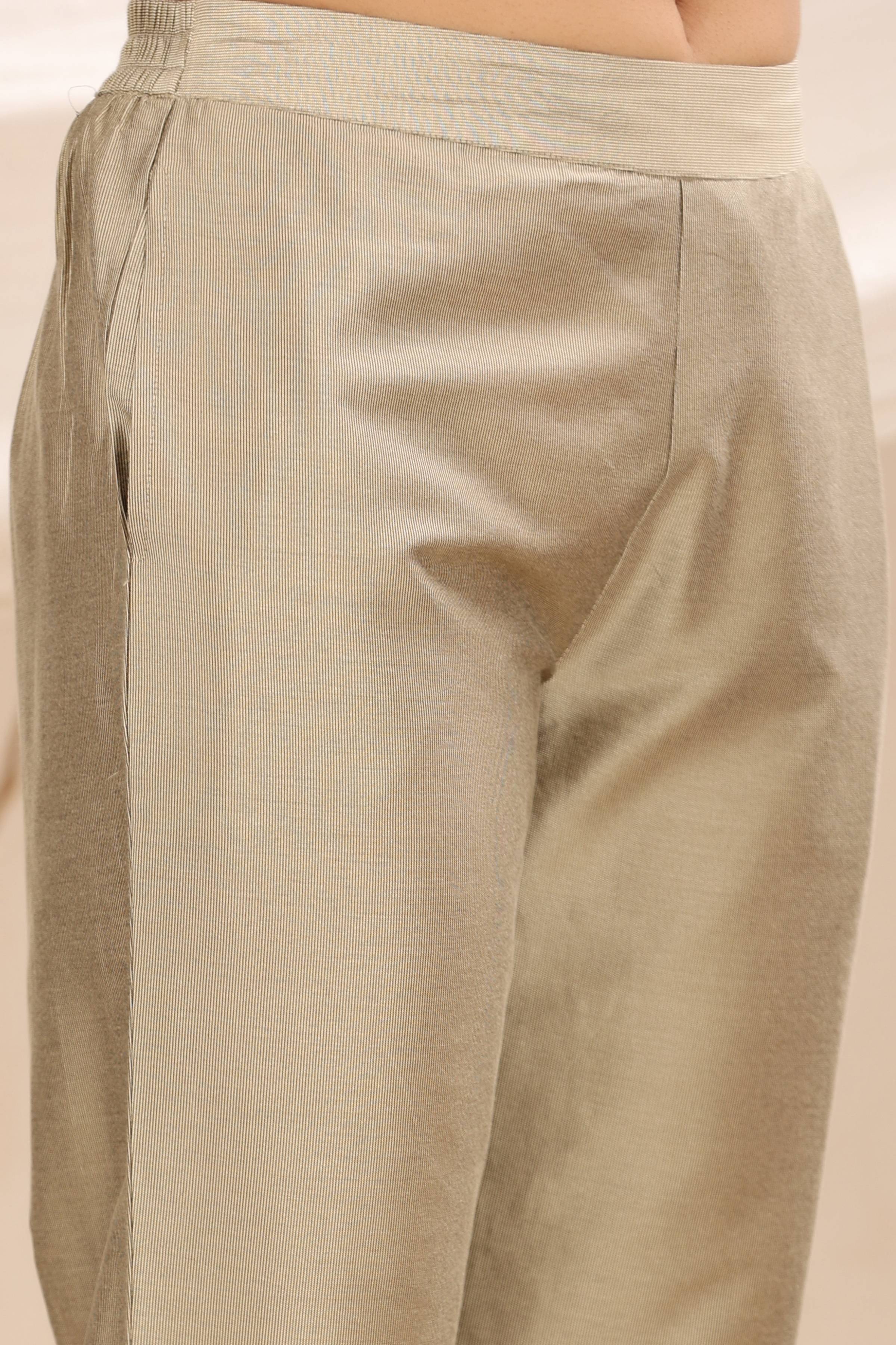 Juniper Beige Solid Silk Slim Fit Pants With a Pocket - Distacart
