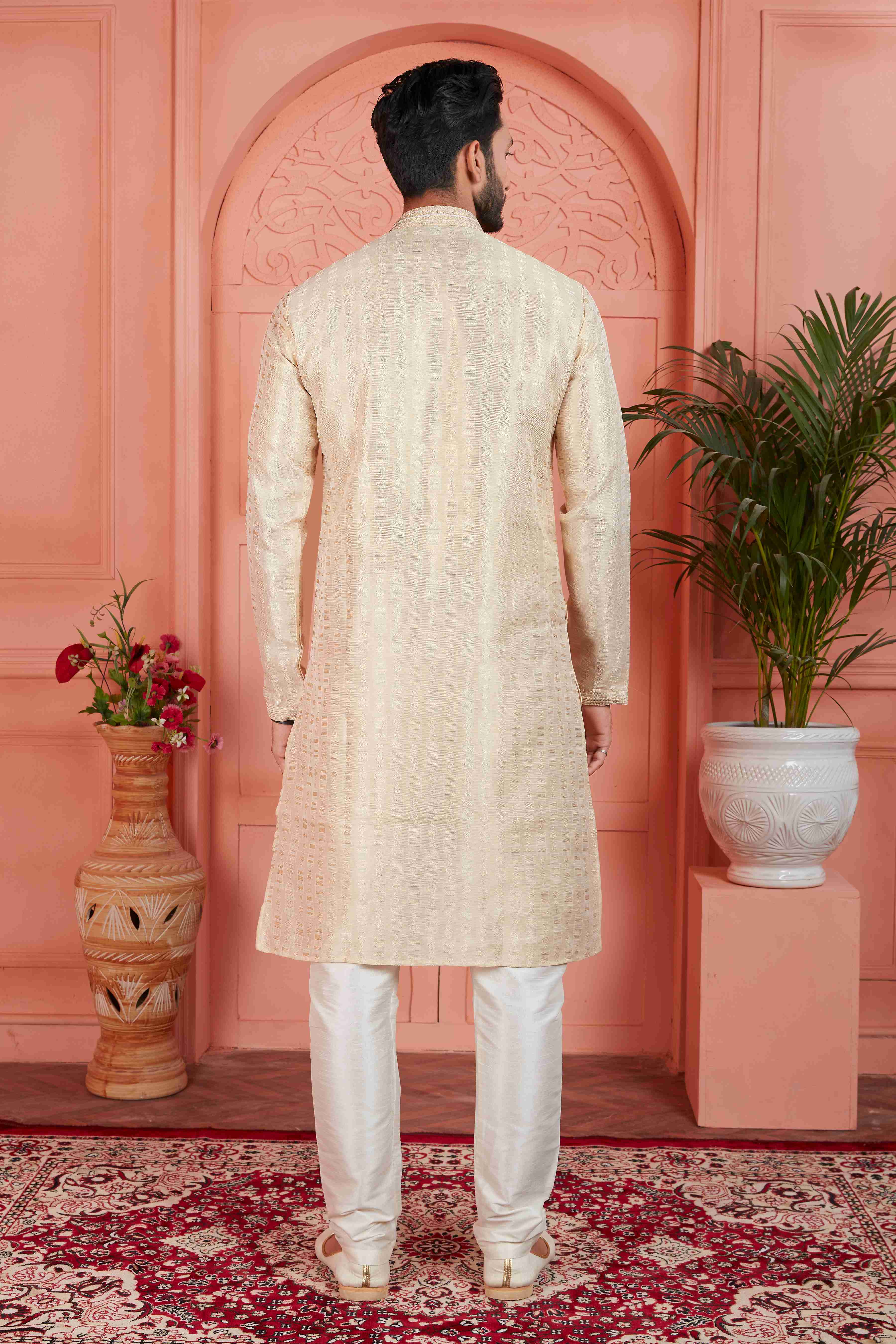 Raivat Ethnic Men's Jacquard Silk Brocade Pintux Work Kurta Pyjama In Cream Colour