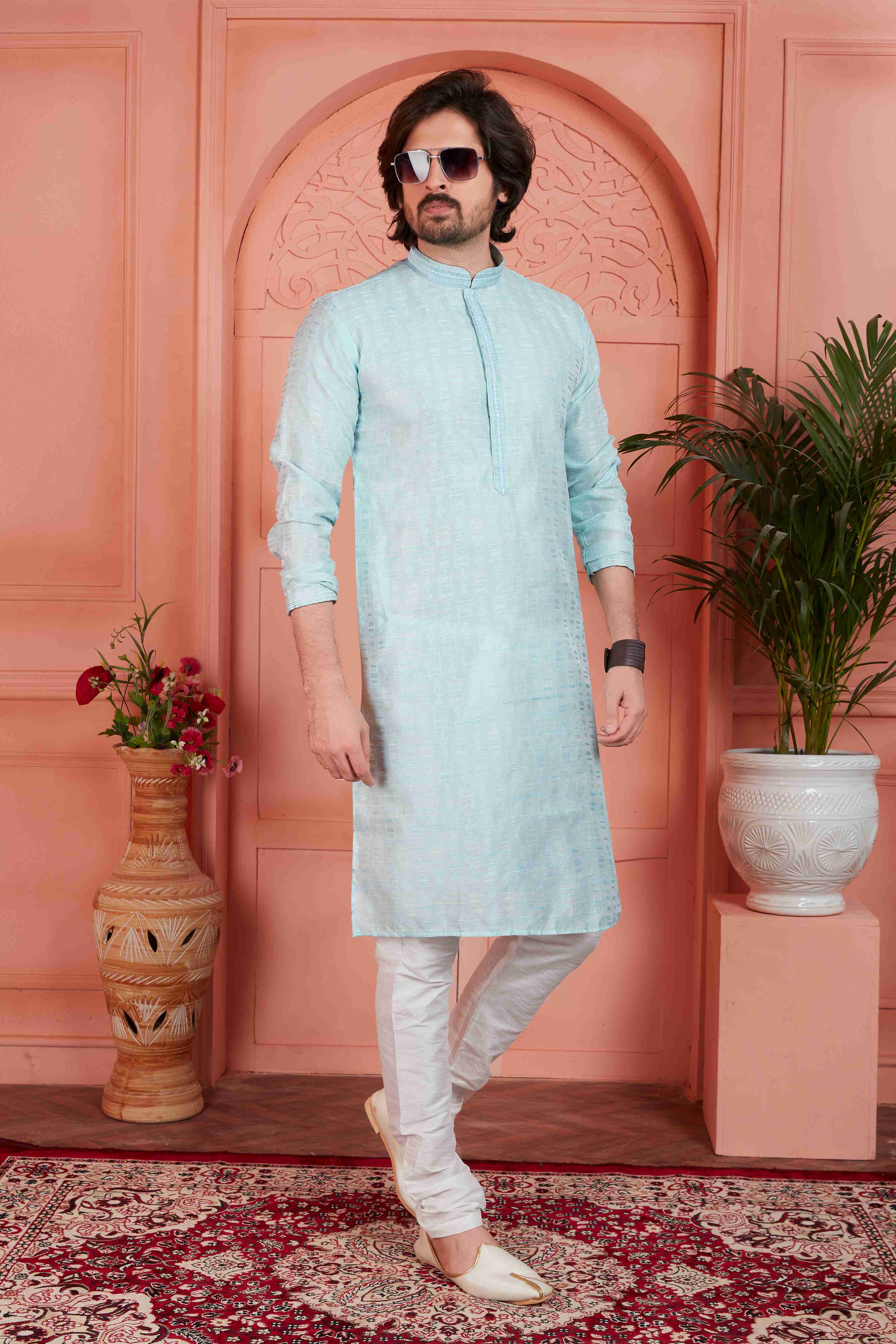 Raivat Ethnic Men's Jacquard Silk Brocade Pintux Work Kurta Pyjama In Sky Blue Colour