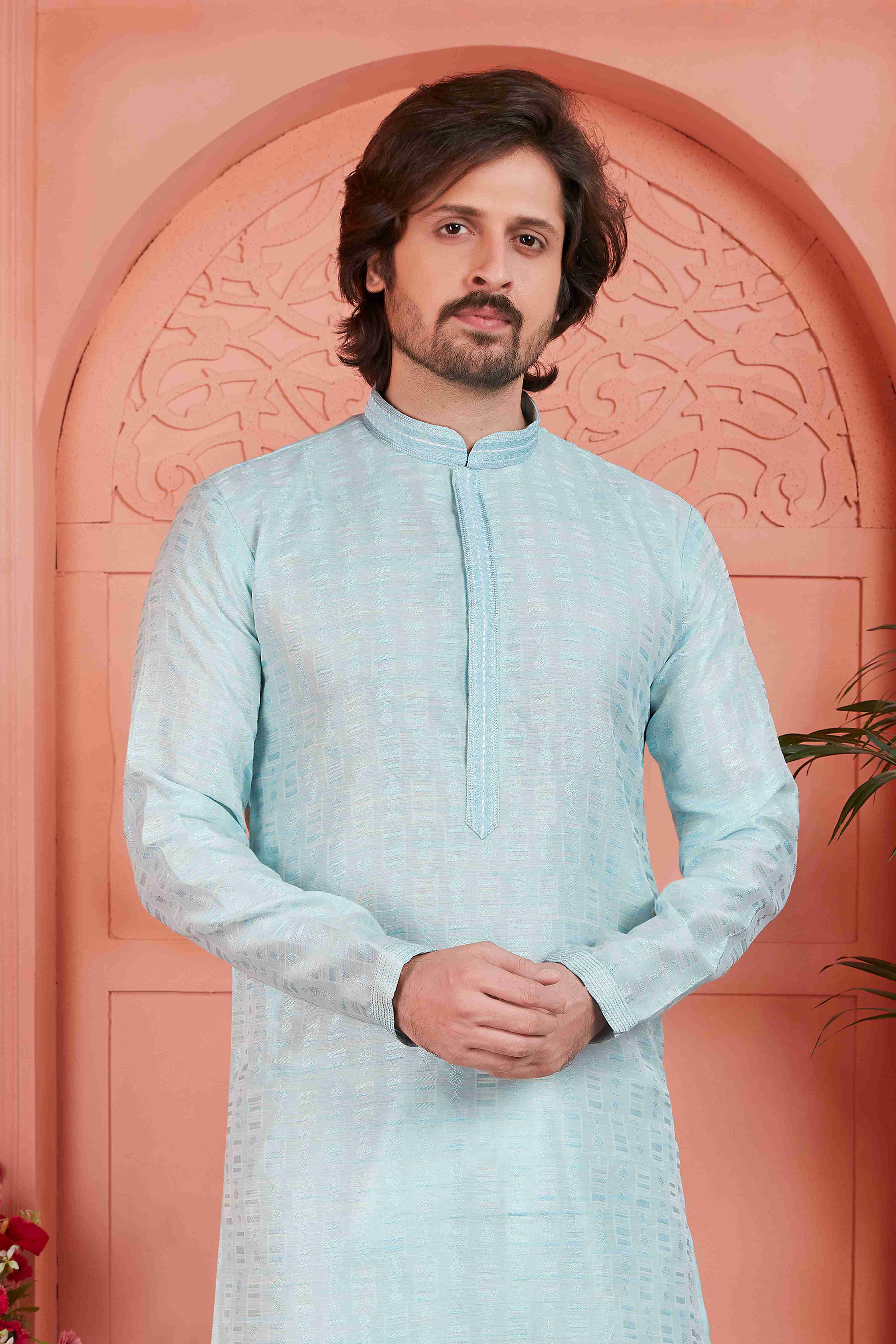 Raivat Ethnic Men's Jacquard Silk Brocade Pintux Work Kurta Pyjama In Sky Blue Colour