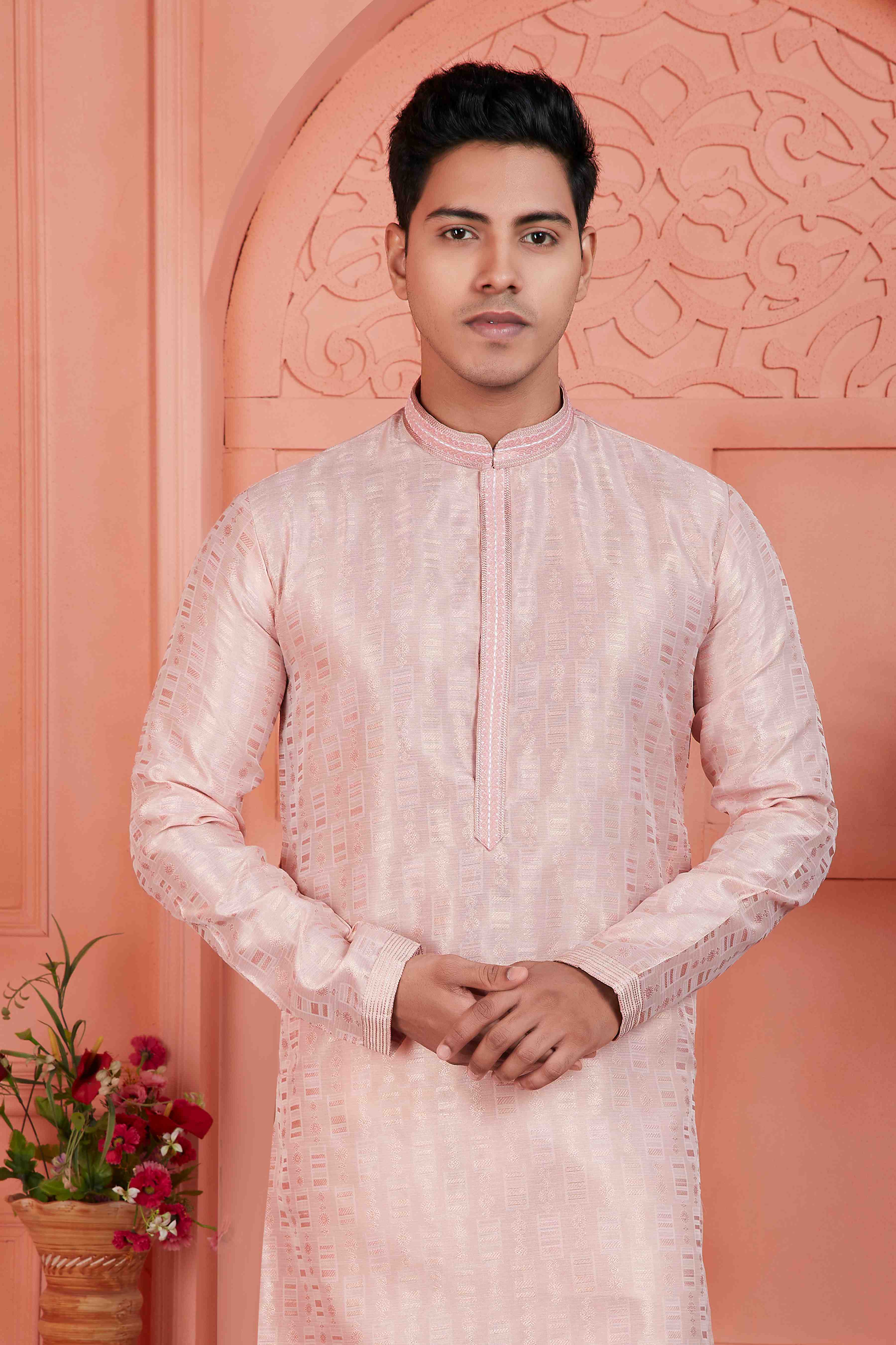 Raivat Ethnic Men's Jacquard Silk Brocade Pintux Work Kurta Pyjama In Peach Colour