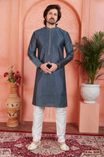 Thumbnail for Raivat Ethnic Men's Jacquard Silk Brocade Mirror and Pintux Work Kurta Pyjama In Dark Grey Colour