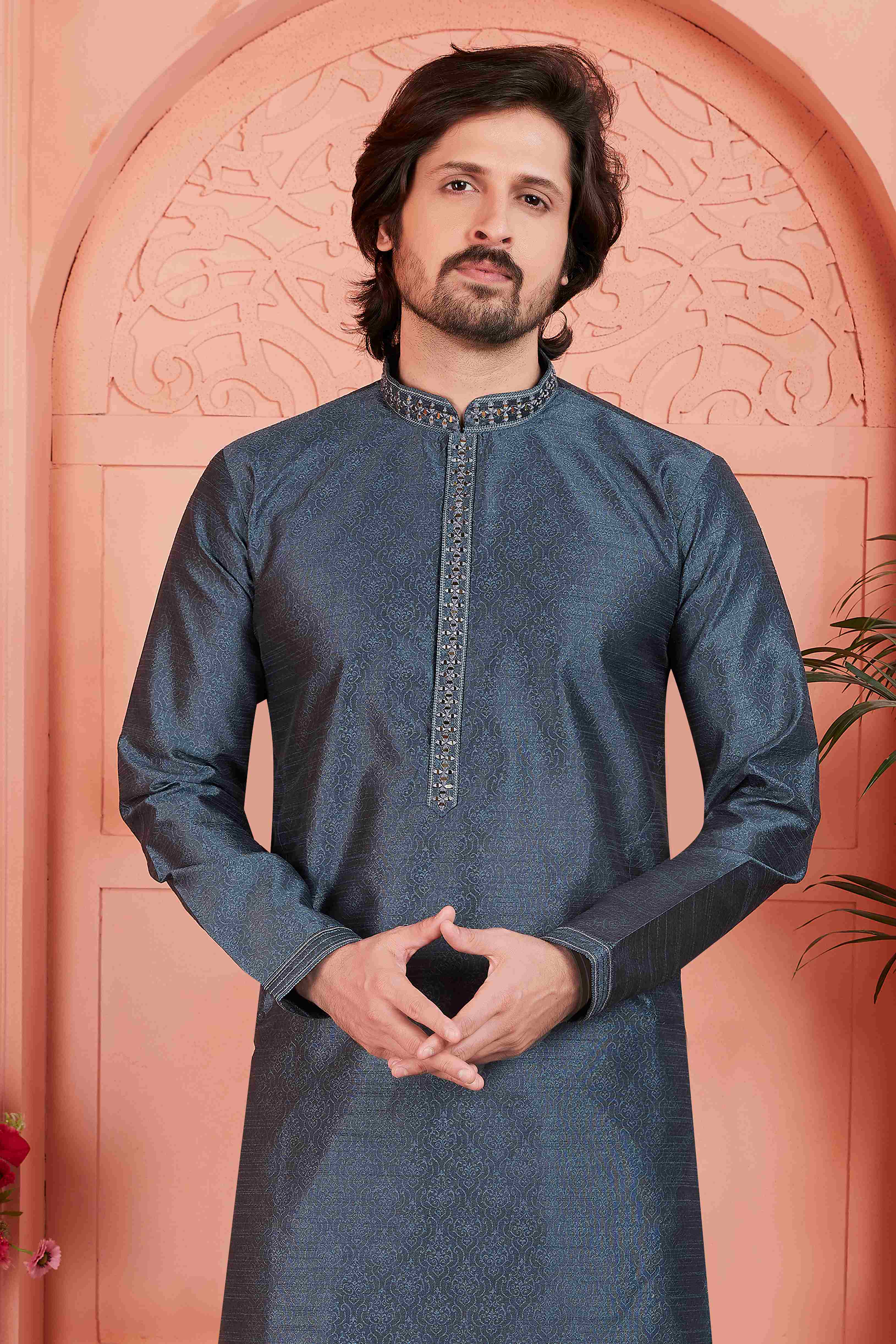 Raivat Ethnic Men's Jacquard Silk Brocade Mirror and Pintux Work Kurta Pyjama In Dark Grey Colour
