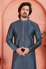 Thumbnail for Raivat Ethnic Men's Jacquard Silk Brocade Mirror and Pintux Work Kurta Pyjama In Dark Grey Colour