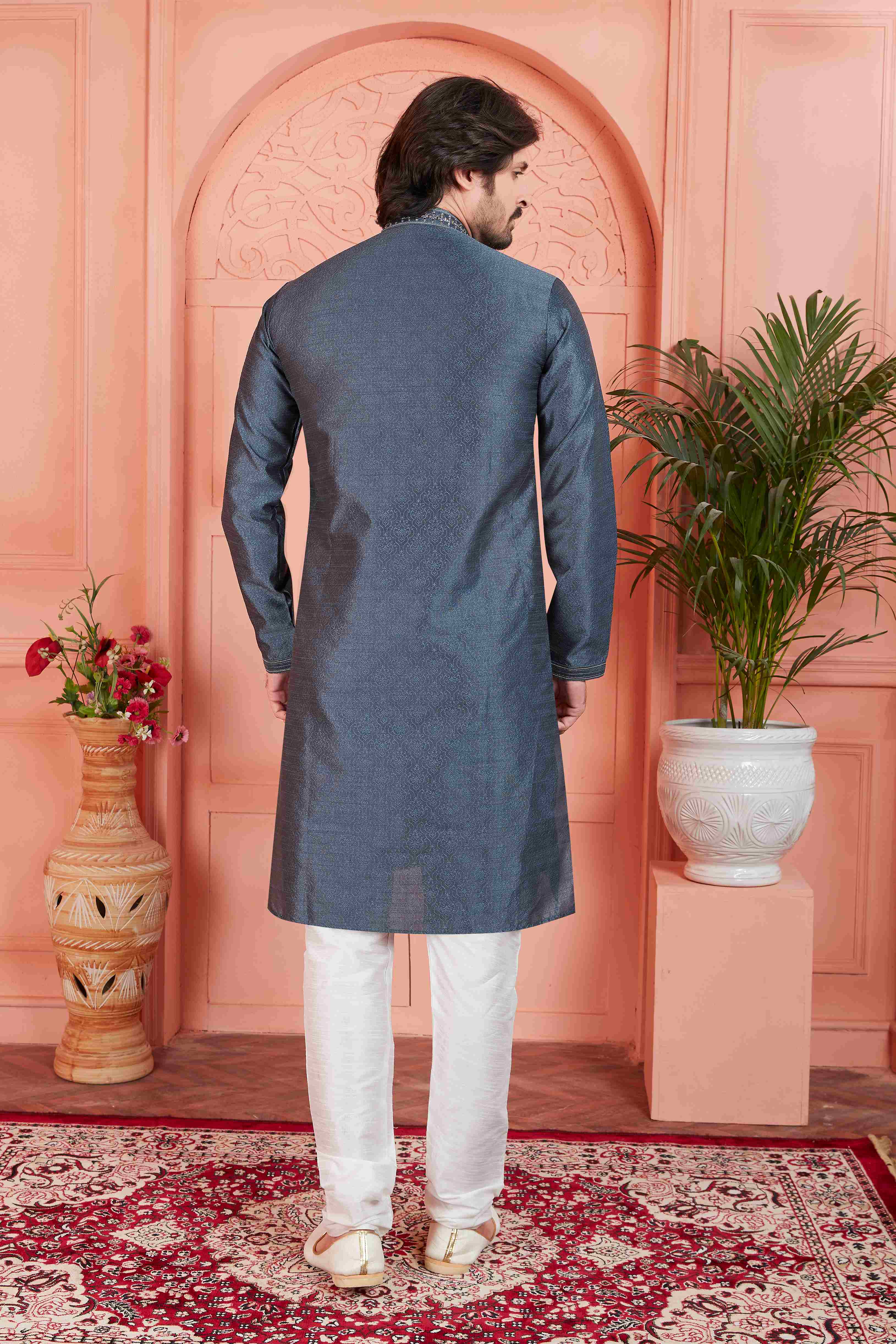 Raivat Ethnic Men's Jacquard Silk Brocade Mirror and Pintux Work Kurta Pyjama In Dark Grey Colour