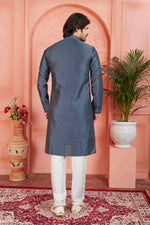 Thumbnail for Raivat Ethnic Men's Jacquard Silk Brocade Mirror and Pintux Work Kurta Pyjama In Dark Grey Colour