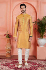 Thumbnail for Raivat Ethnic Men's Jacquard Silk Brocade Pintux Work Kurta Pyjama In Mustard Colour