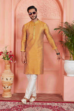 Thumbnail for Raivat Ethnic Men's Jacquard Silk Brocade Pintux Work Kurta Pyjama In Mustard Colour