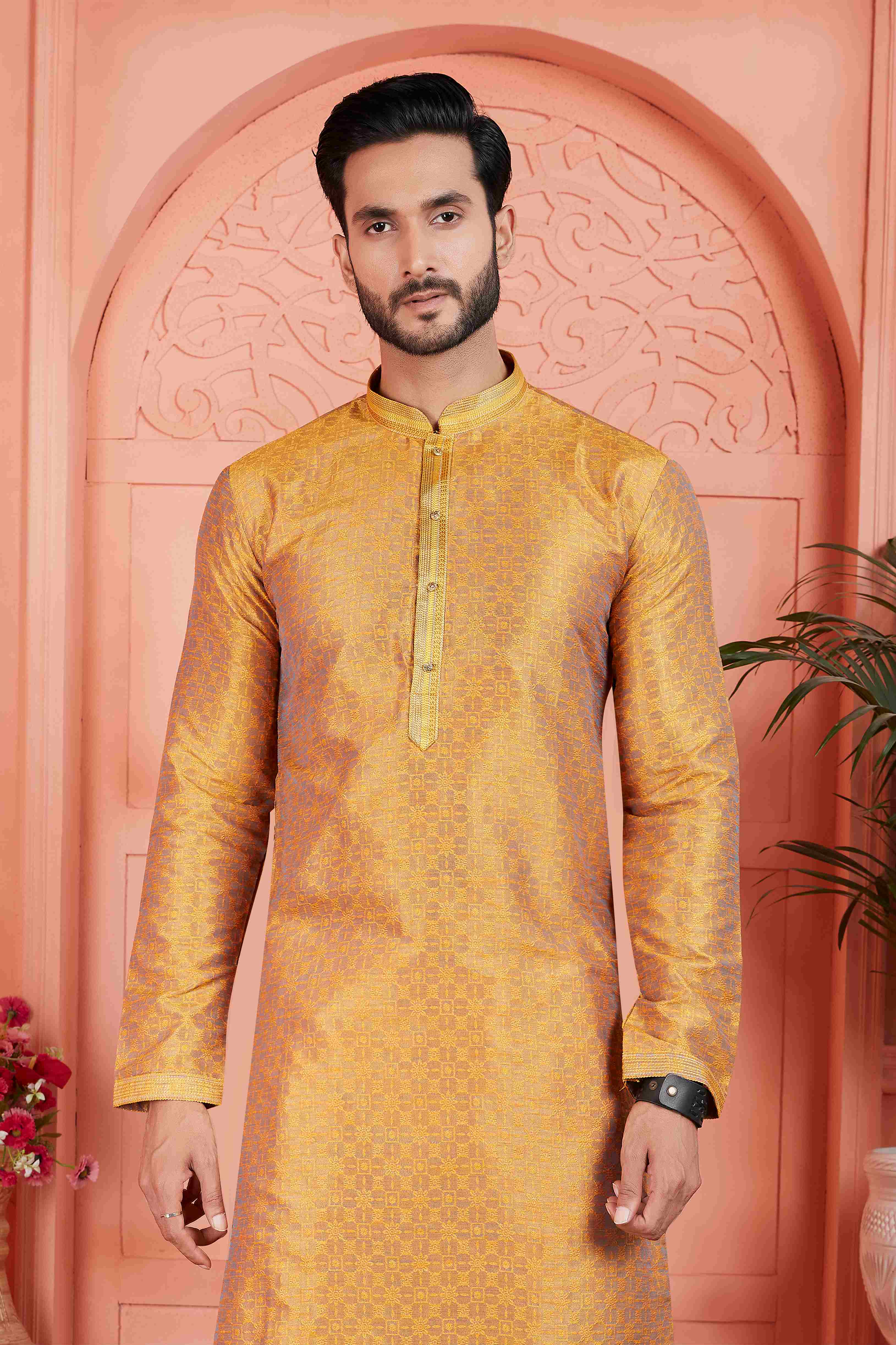 Raivat Ethnic Men's Jacquard Silk Brocade Pintux Work Kurta Pyjama In Mustard Colour