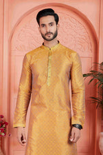 Thumbnail for Raivat Ethnic Men's Jacquard Silk Brocade Pintux Work Kurta Pyjama In Mustard Colour