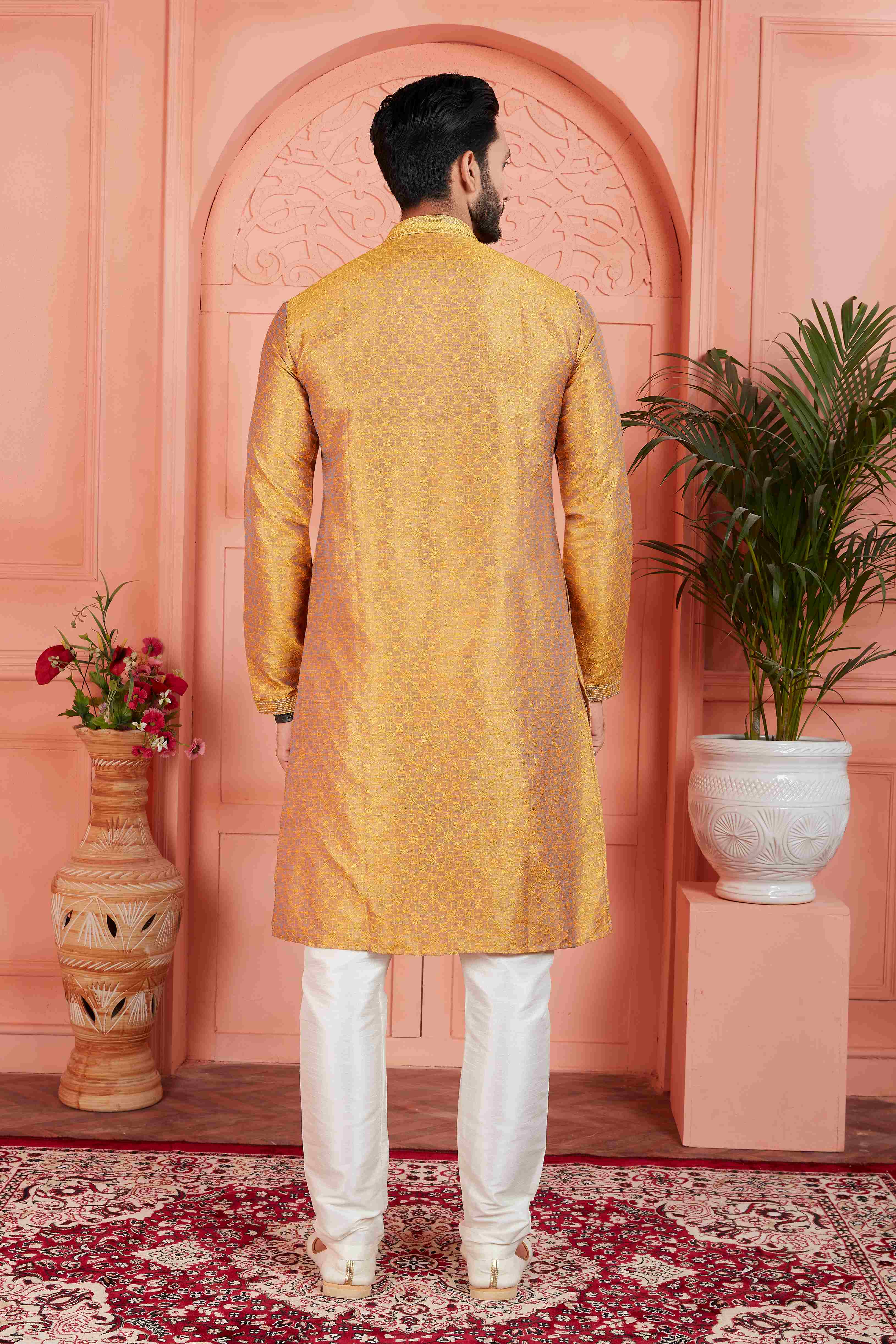 Raivat Ethnic Men's Jacquard Silk Brocade Pintux Work Kurta Pyjama In Mustard Colour