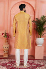 Thumbnail for Raivat Ethnic Men's Jacquard Silk Brocade Pintux Work Kurta Pyjama In Mustard Colour