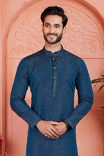Thumbnail for Raivat Ethnic Men's Jacquard Silk Brocade Pintux Work Kurta Pyjama In Teal Colour