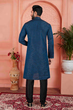 Thumbnail for Raivat Ethnic Men's Jacquard Silk Brocade Pintux Work Kurta Pyjama In Teal Colour