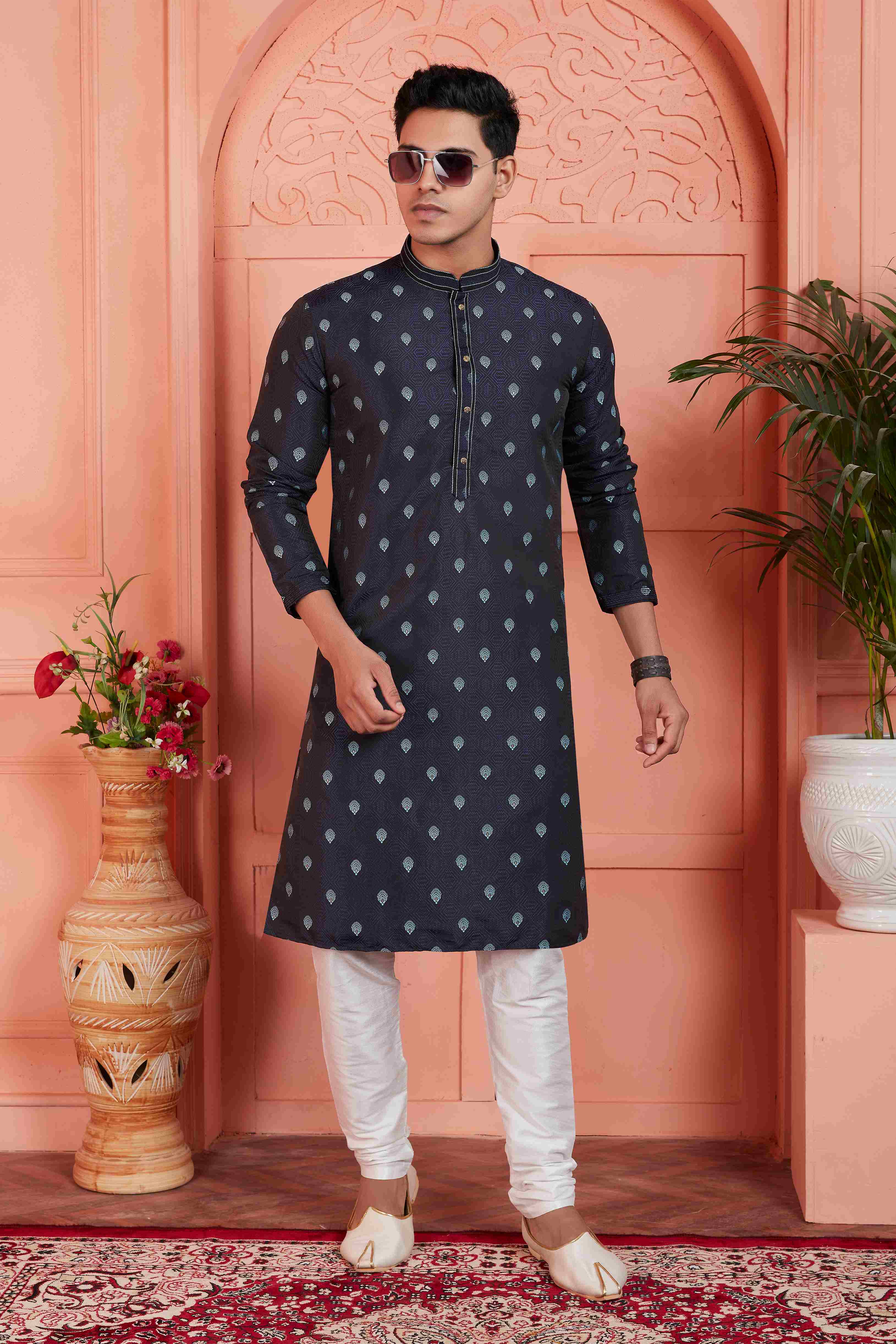 Raivat Ethnic Men's Jacquard Silk Brocade Pintux Work Kurta Pyjama In Blue Colour