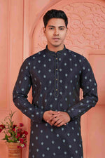 Thumbnail for Raivat Ethnic Men's Jacquard Silk Brocade Pintux Work Kurta Pyjama In Blue Colour