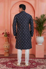 Thumbnail for Raivat Ethnic Men's Jacquard Silk Brocade Pintux Work Kurta Pyjama In Blue Colour