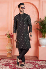 Thumbnail for Raivat Ethnic Men's Jacquard Silk Brocade Pintux Work Kurta Pyjama In Black Colour
