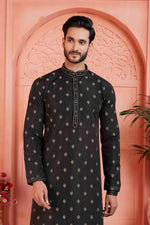 Thumbnail for Raivat Ethnic Men's Jacquard Silk Brocade Pintux Work Kurta Pyjama In Black Colour