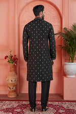 Thumbnail for Raivat Ethnic Men's Jacquard Silk Brocade Pintux Work Kurta Pyjama In Black Colour