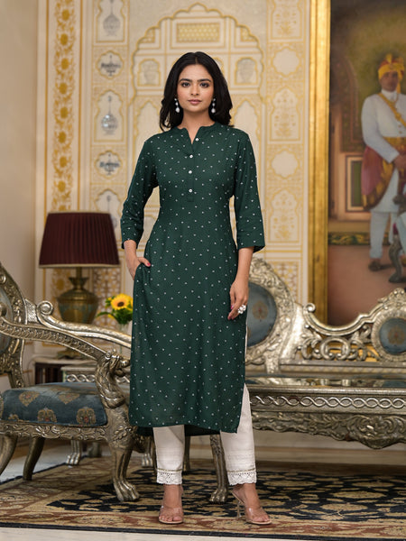 Juniper Women's Bottle Green Liva Rayon Kurta With Buttons Details - Distacart