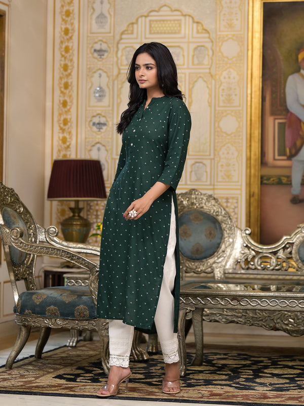 Juniper Women's Bottle Green Liva Rayon Kurta With Buttons Details - Distacart