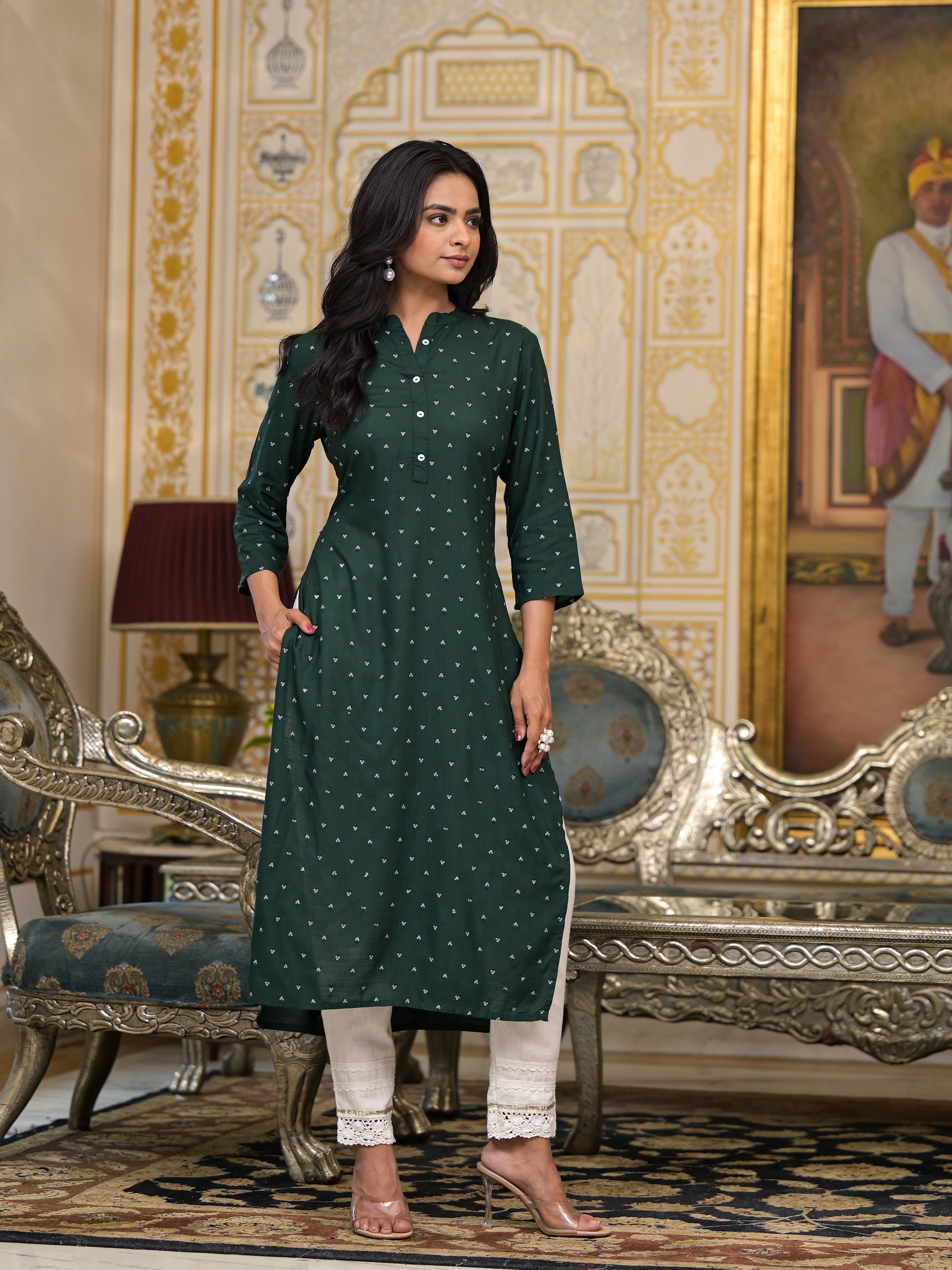 Juniper Women's Bottle Green Liva Rayon Kurta With Buttons Details - Distacart