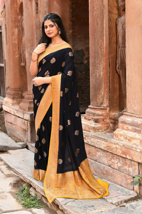 Joban Fashion Black Crepe Chiffon Pure Handloom Banarasi Silk Saree